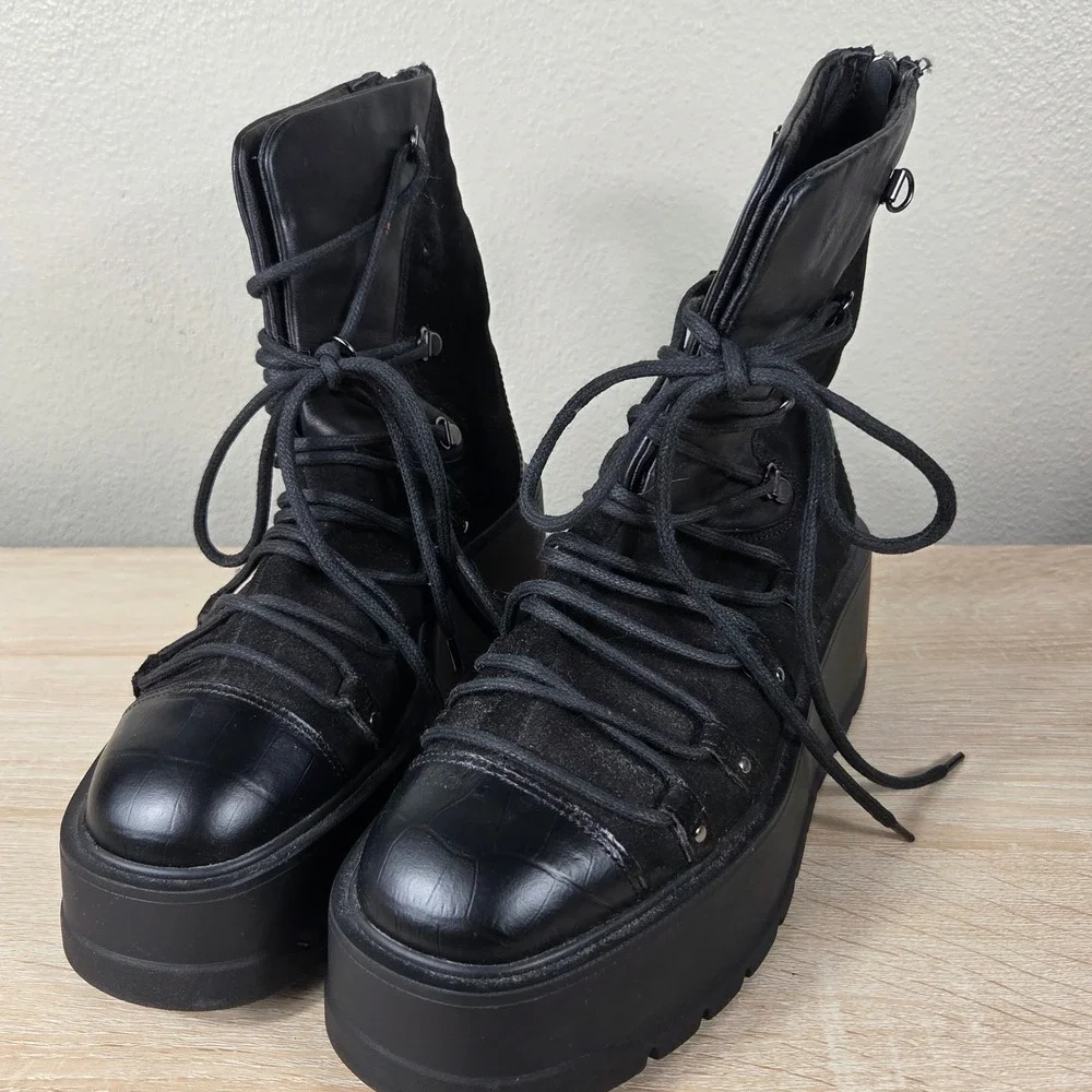 Free People Simone Wedge Boots Black Leather Suede Lace Up Women's EU 38